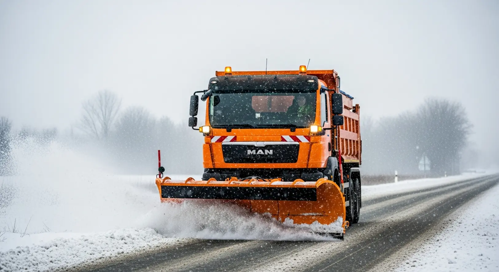 Narancssárga hókotró teherautó tisztítja a havas aszfaltutat sűrű hóesésben, szürke téli tájjal a háttérben.