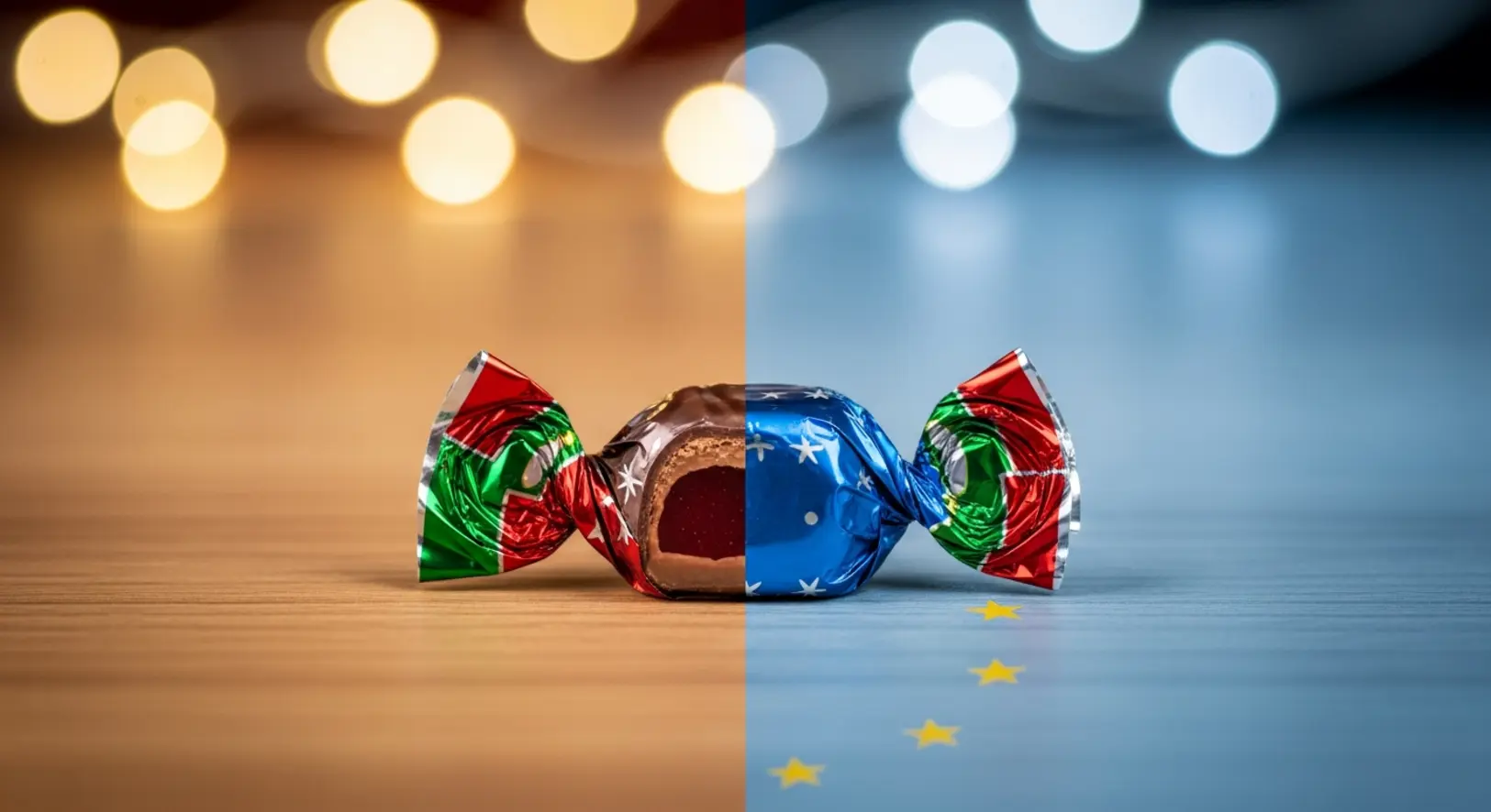 Egy félig kicsomagolt zselés szaloncukor az asztalon, háttérben elmosódott karácsonyi fényekkel, makró fotó.