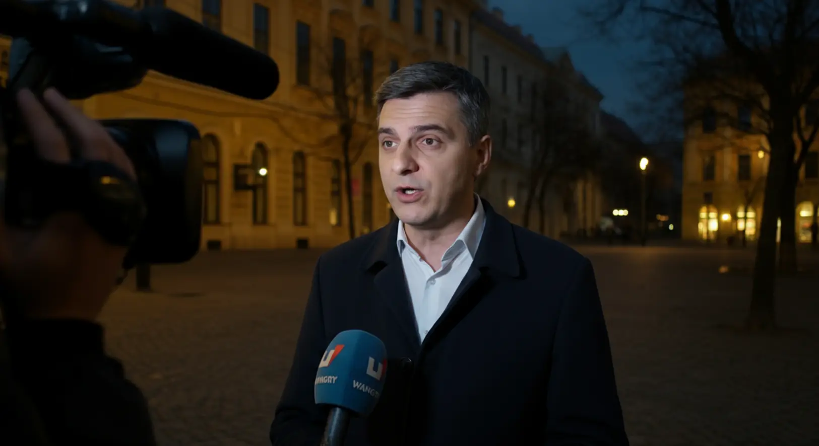 Magyar Péter, a Tisza Párt elnöke gesztikulálva nyilatkozik egy feszült hangulatú utcai interjú során Kecskeméten.