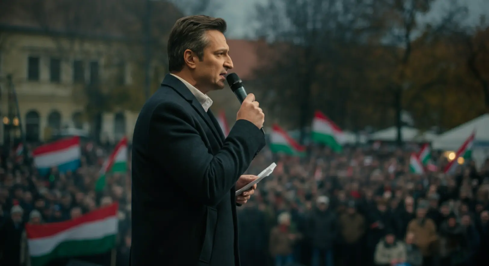 Magyar Péter mikrofonnal a kezében beszél a tömeghez a nyíregyházi Búza téren tartott Tisza Párt rendezvényen.