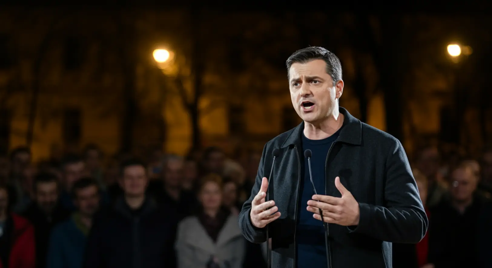 Magyar Péter, a Tisza Párt elnöke beszédet mond a kecskeméti politikai gyűlésen, a háttérben a hallgatóság látható.