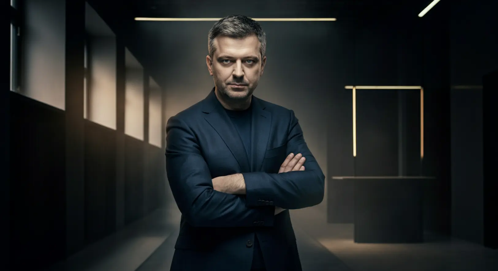 Magyar Péter, a Tisza Párt elnöke komoly arckifejezéssel, modern irodai környezetben, a pártja és az Index közötti vita középpontjában.