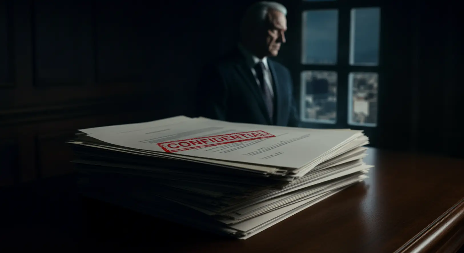 Hivatalos dokumentumok az asztalon, háttérben egy politikus sziluettje