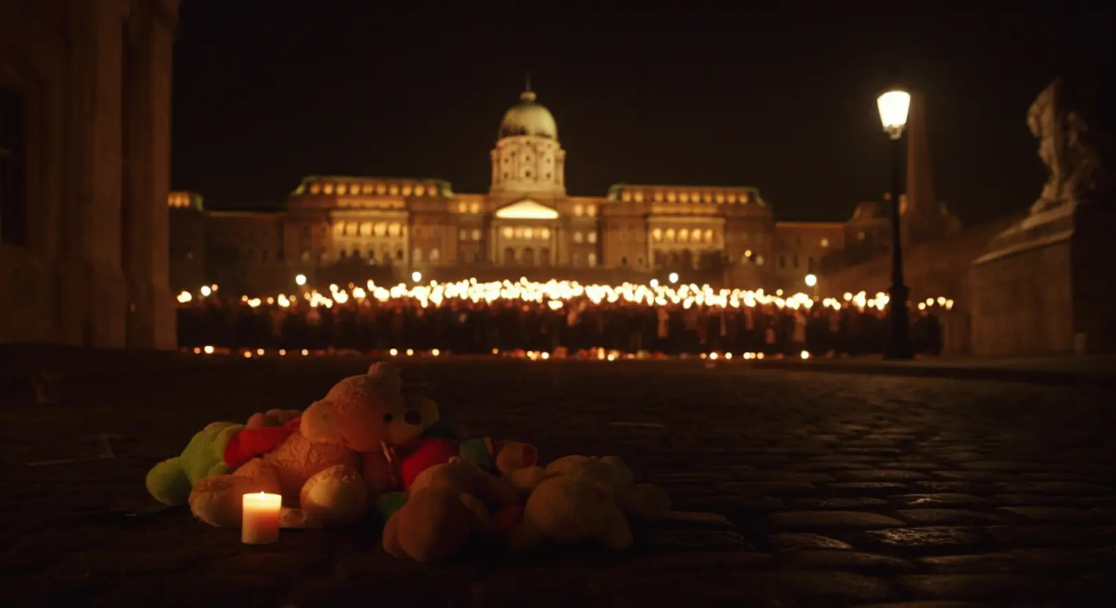 Plüssállatok és mécsesek a Sándor-palota előtt a Magyar Péter vezette tüntetésen