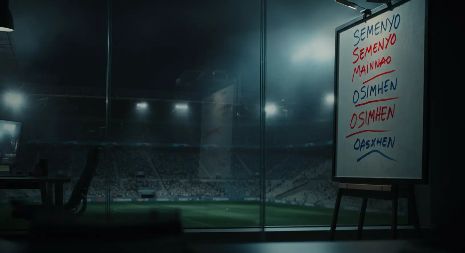 Futball átigazolási stratégiai tábla nevekkel és taktikai jelölésekkel, háttérben stadion fényeivel.