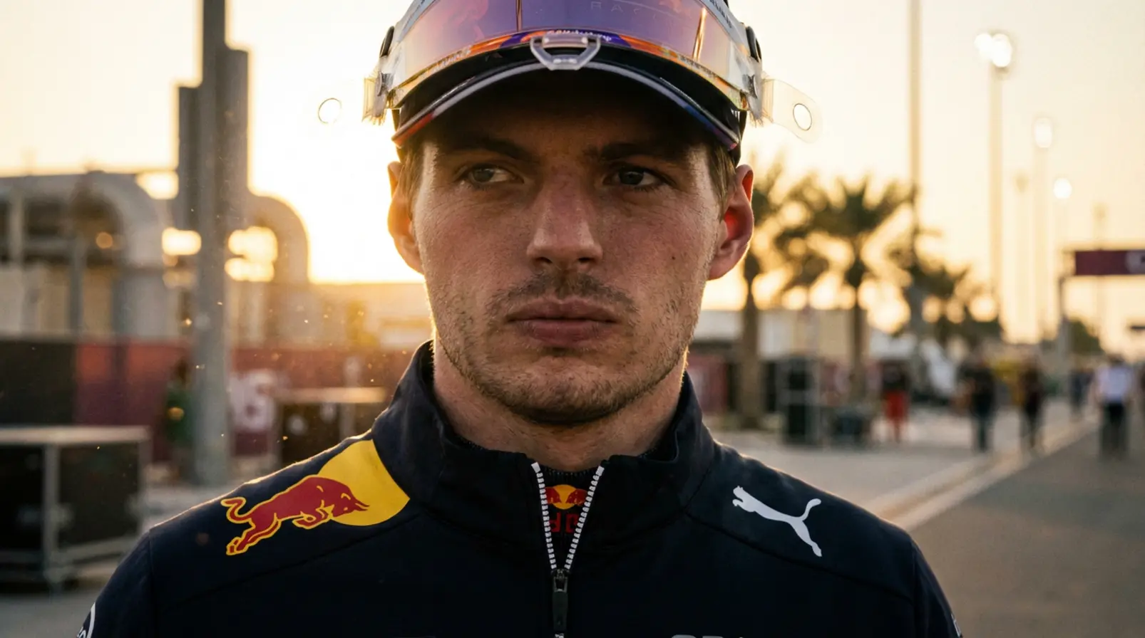 Max Verstappen Red Bull versenyző komoly arccal a katari paddockban naplementekor