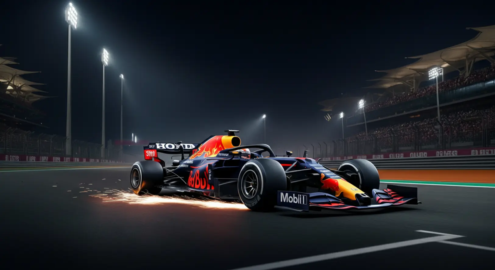 Max Verstappen Red Bull versenyautója áthalad a célvonalon a kivilágított katari pályán