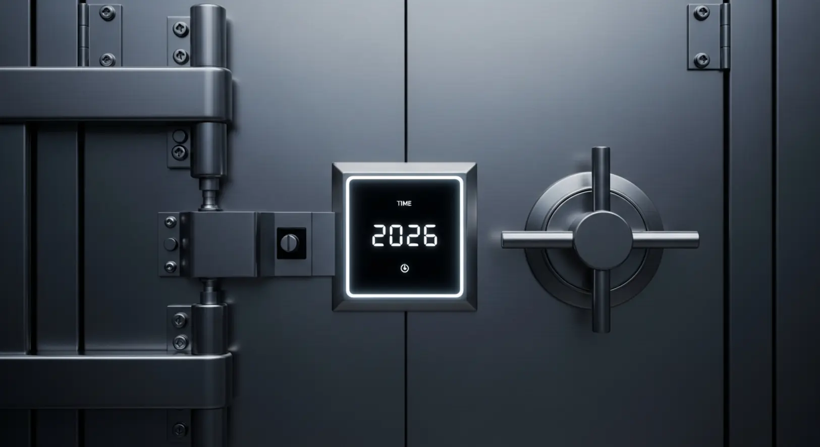 Egy modern, szürke szálcsiszolt fém banki széf ajtaja digitális idözárral, amelyen a 2026-os évszám világít, jelezve a rendszerátállást.