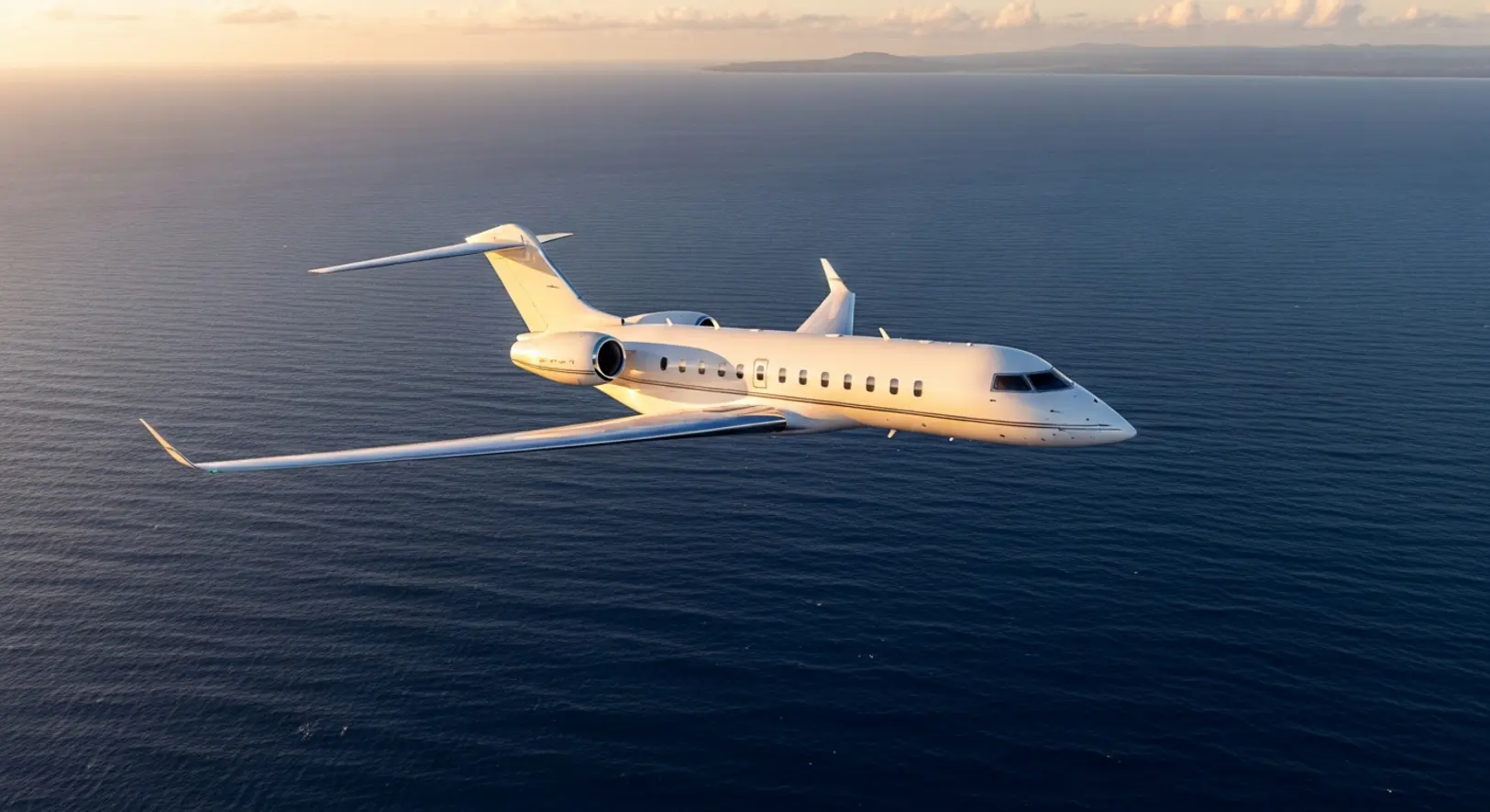 Egy fehér Bombardier Global 6500 magánrepülőgép repül a Csendes-óceán felett naplementekor, a háttérben trópusi felhőkkel.