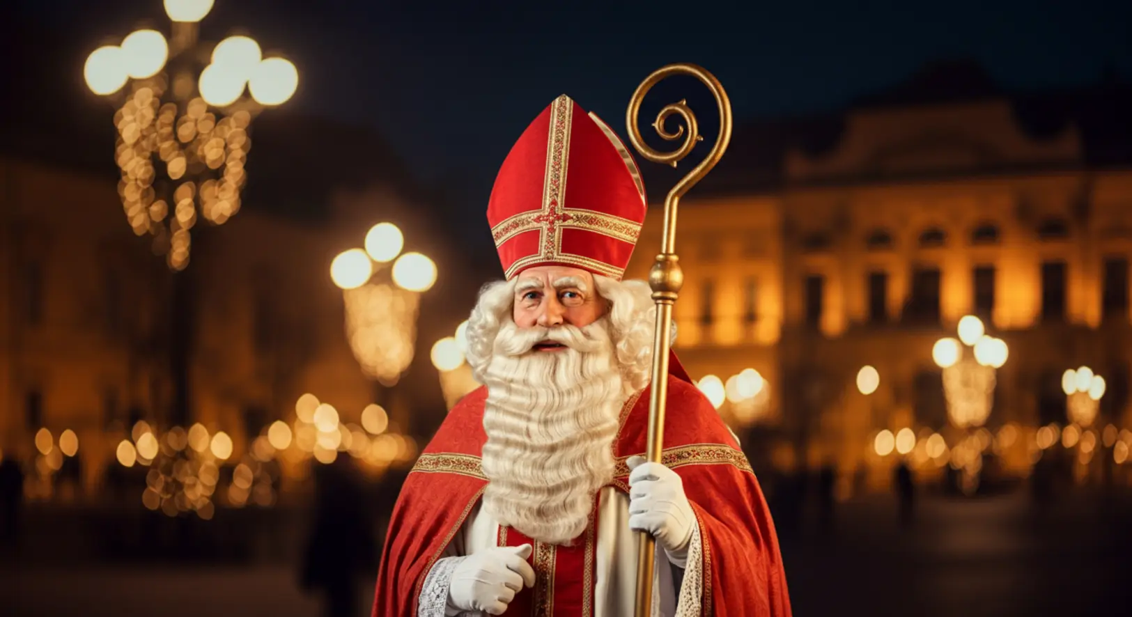 Egy hagyományos, piros palástot viselő, jóságos Mikulás áll egy ünnepi fényekben úszó magyar város főterén 2025-ben.
