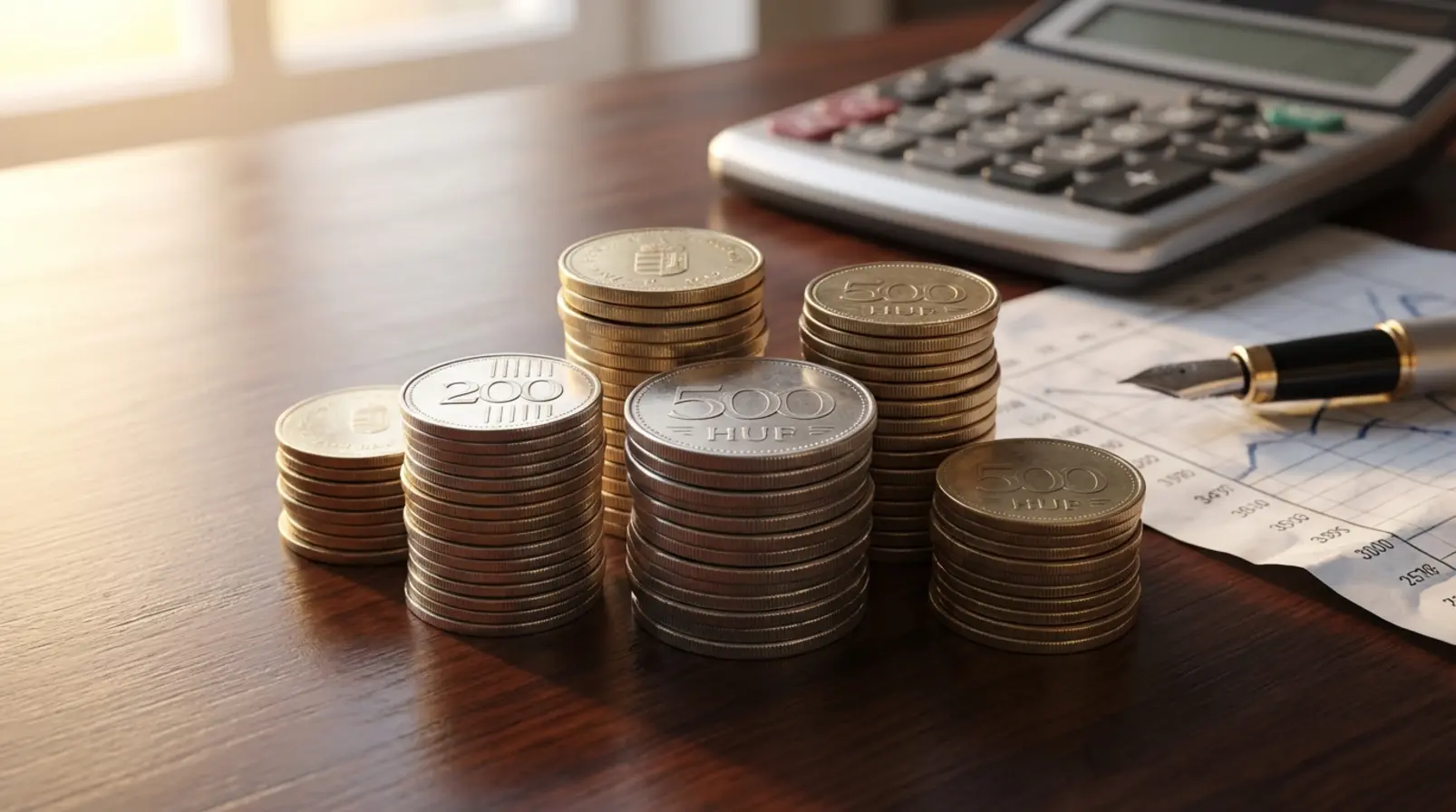 Egymásra helyezett magyar forint érmék egy irodai asztalon, háttérben számológéppel, a 2026-os minimálbér emelést szimbolizálva.