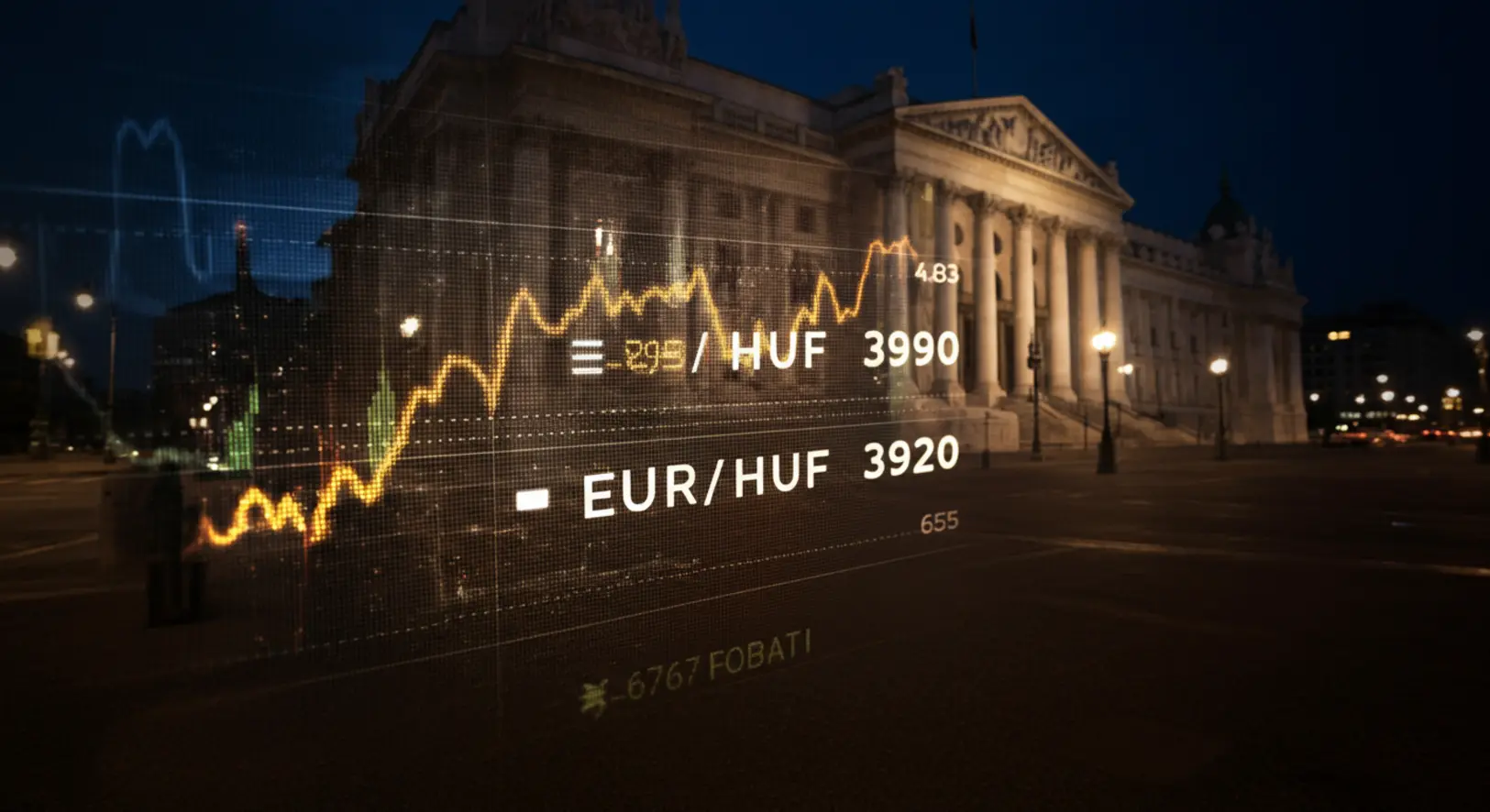 Az MNB épülete és egy digitális forint árfolyam grafikon