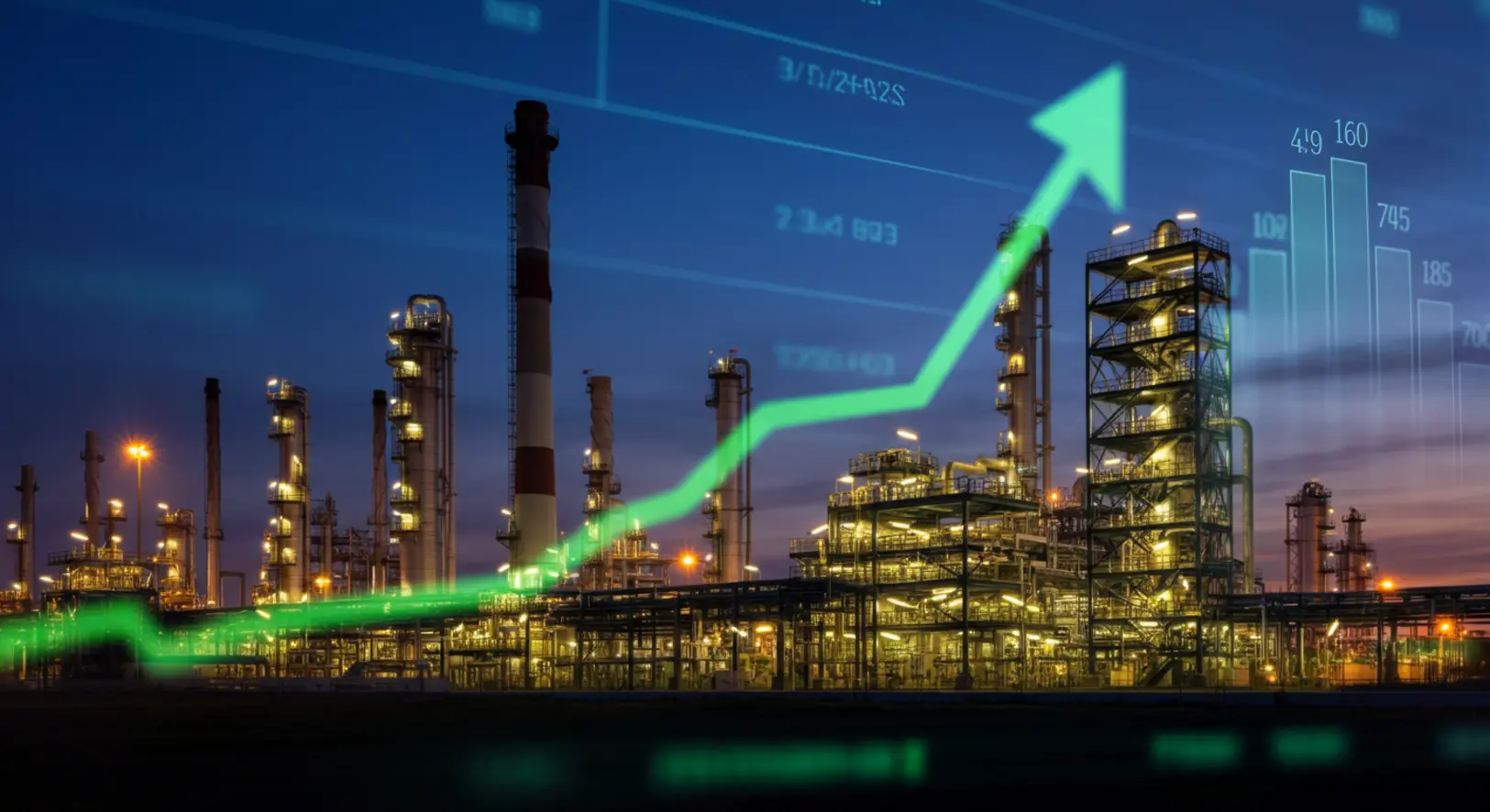 Kivilágított olajfinomító ipari létesítmény alkonyatkor, jelképes tőzsdei emelkedéssel