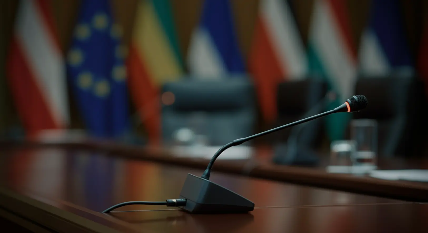 Professzionális tolmácsfelszerelés egy konferenciaasztalon, elmosódott háttérrel, utalva a diplomáciai feszültségre.