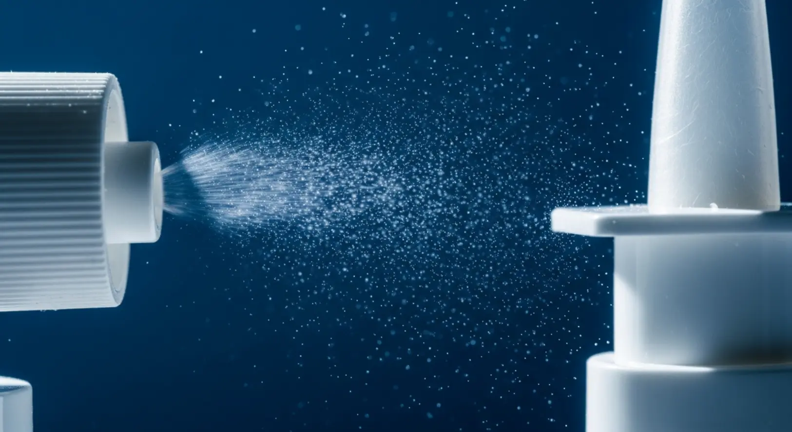 Közeli makró felvétel egy orrspray szórófejéből kiáramló finom permetről, drámai kék megvilágításban, sötét háttér előtt.