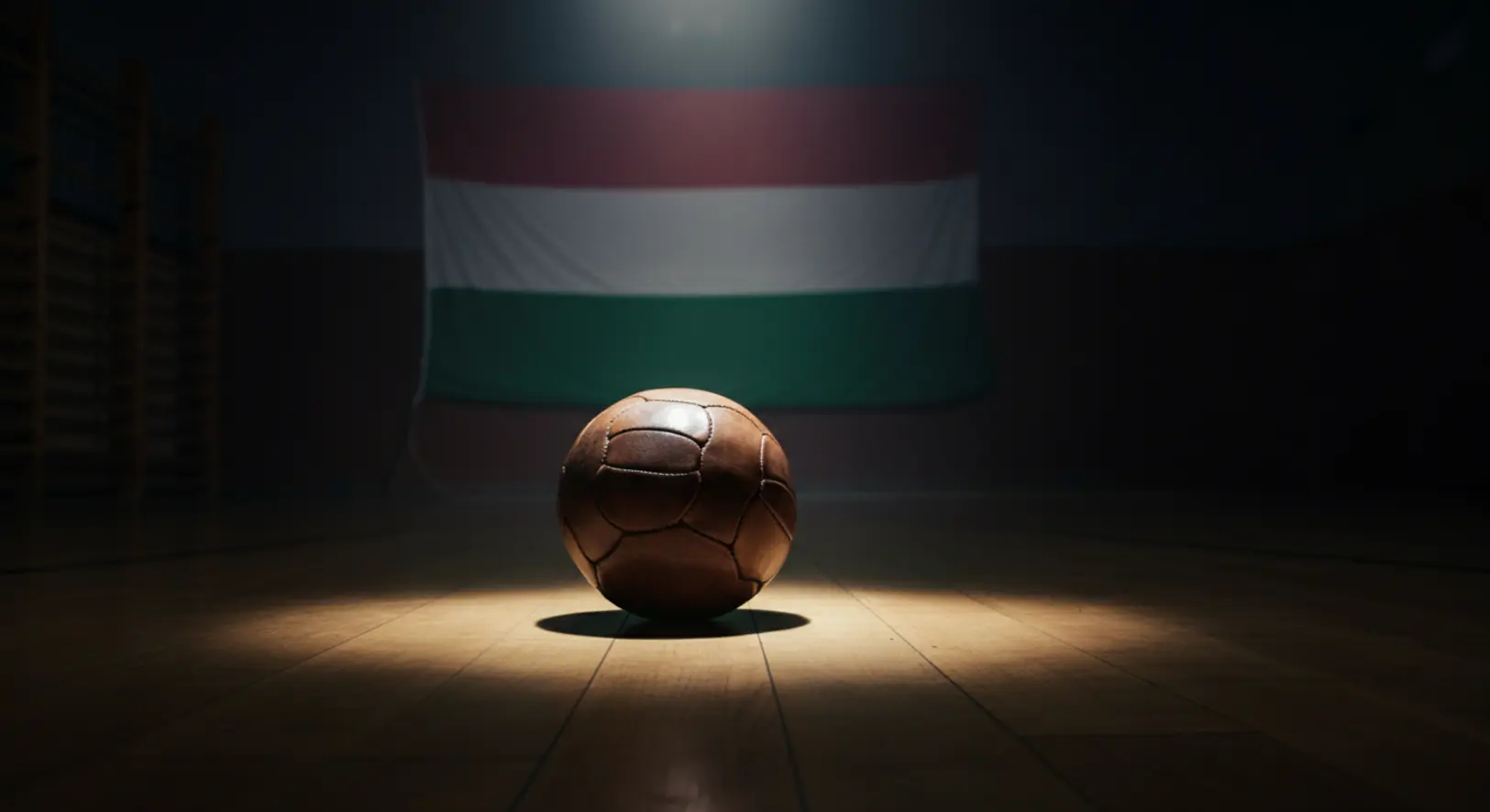 Egy régi kézilabda egy üres tornaterem padlóján, megemlékezve Németh Erzsébet olimpiai bronzérmes kézilabdázóról.