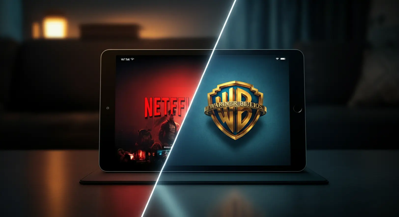 Szimbolikus kép a Netflix és a Warner Bros. egyesüléséről: egy kettéosztott képernyő, bal oldalon a Netflix piros, jobb oldalon a Warner Bros. arany logója.
