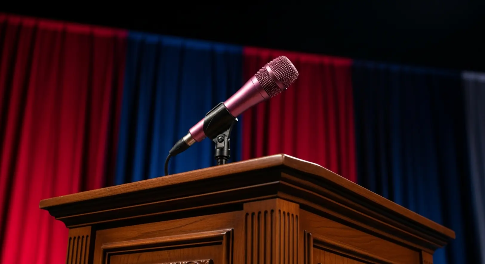 Egy fényes, fémes rózsaszín mikrofon áll egy hivatalos fa politikai pódiumon, drámai színpadi megvilágításban, elmosódott vörös és kék háttérrel.