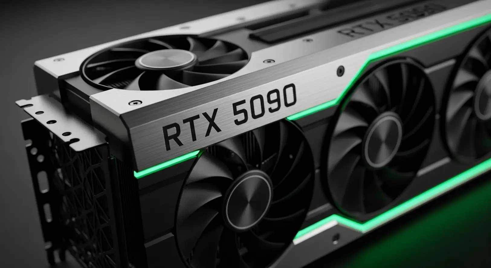 Közelkép egy futurisztikus, titán borítású Nvidia RTX 5090 videokártyáról, sötét háttér előtt zöld neonfénnyel megvilágítva, látható hűtőventilátorokkal.