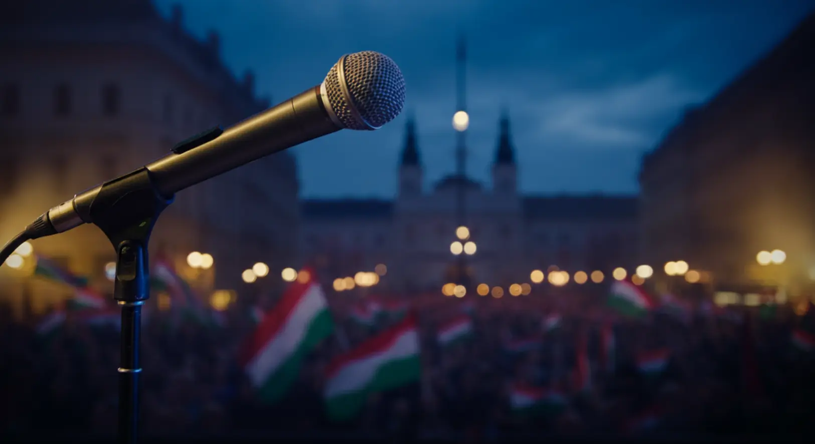 Politikai színpad mikrofonnal, háttérben elmosódott tömeggel Nyíregyházán