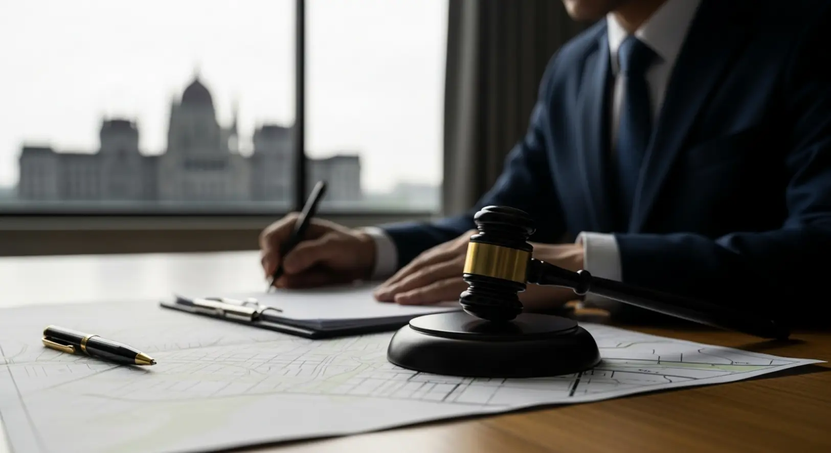 Egy modern városrendezési tervrajz és egy toll egy fa tárgyalóasztalon, háttérben elmosódott kormányzati épület sziluettjével, természetes megvilágításban.