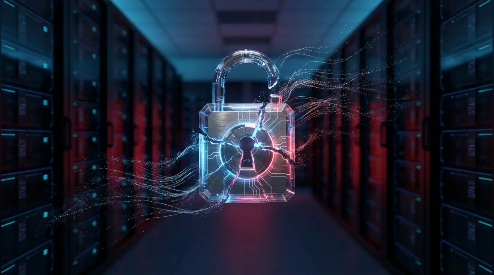 Szerverek és digitális zár feltörése, adatvédelmi szivárgás illusztrációja