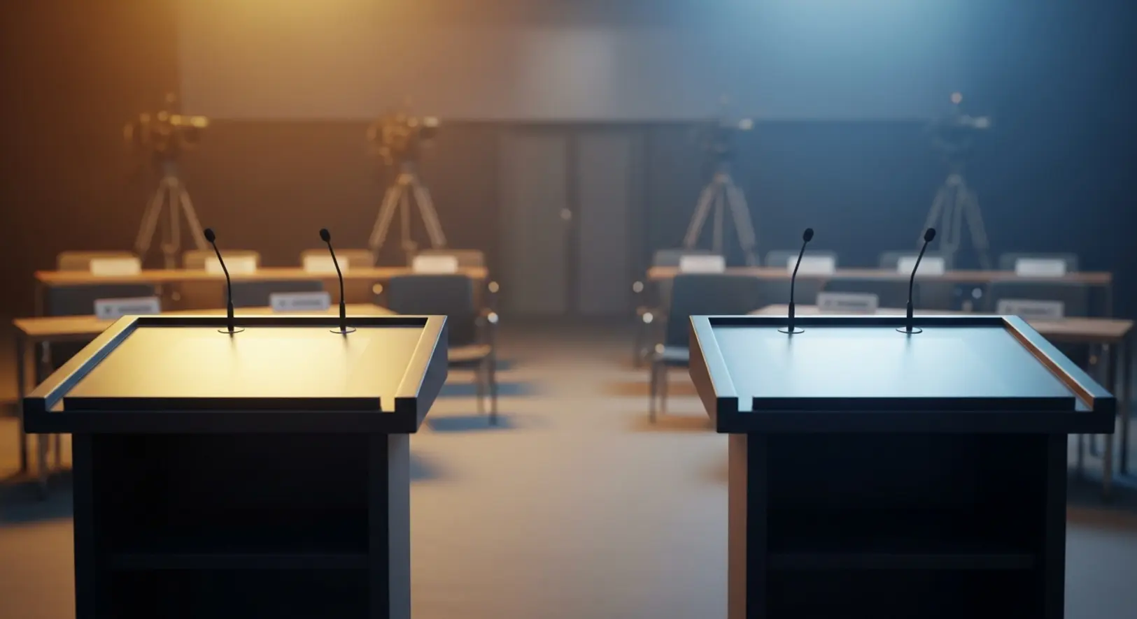 Két üres szónoki pódium egy sajtóteremben, az egyik meleg sárga, a másik hideg kék fénnyel megvilágítva, a háttérben elmosódott kamerák és székek.