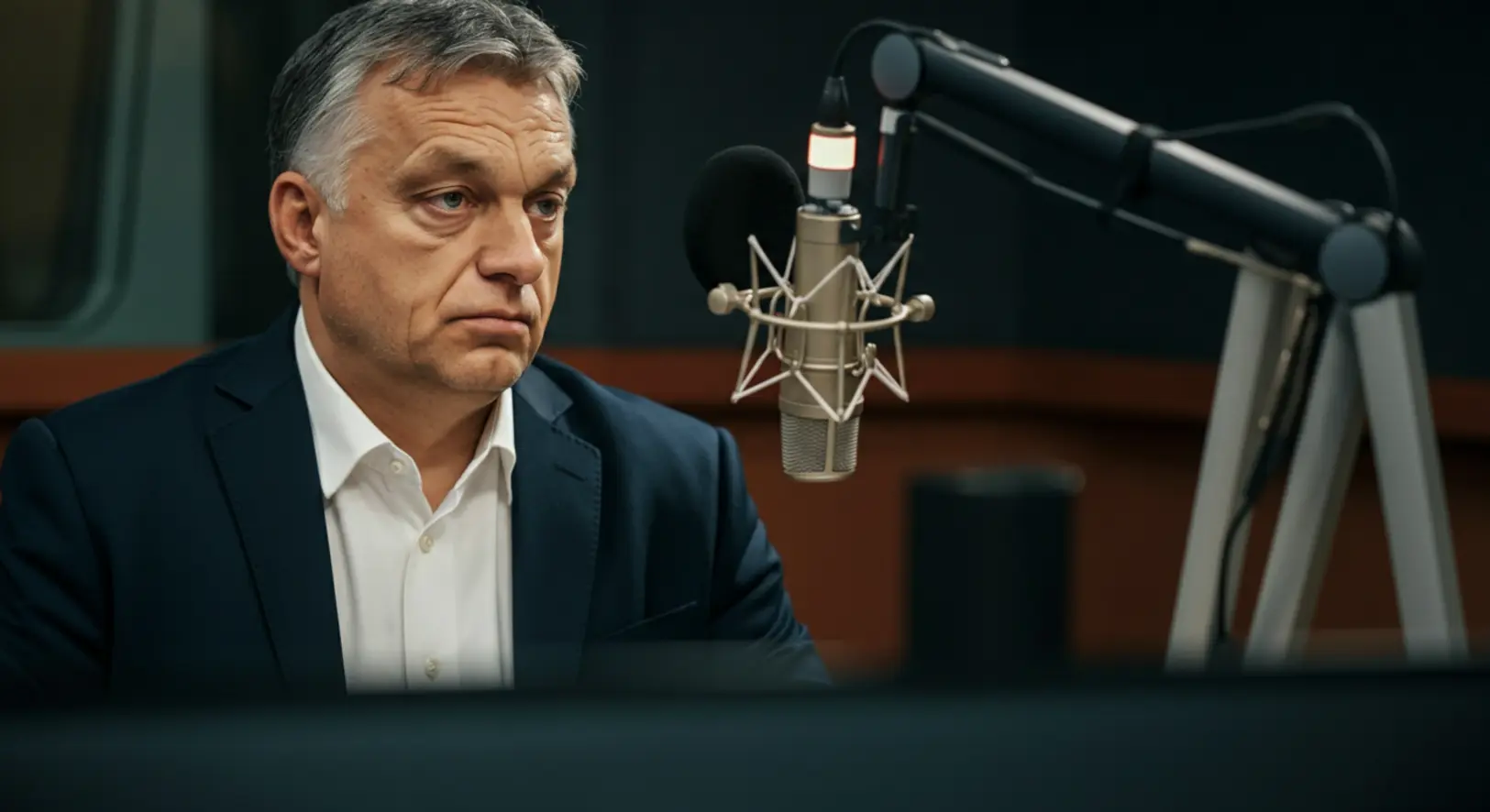 Orbán Viktor miniszterelnök a Kossuth Rádiónak ad interjút, komoly arckifejezéssel beszél a mikrofonba.