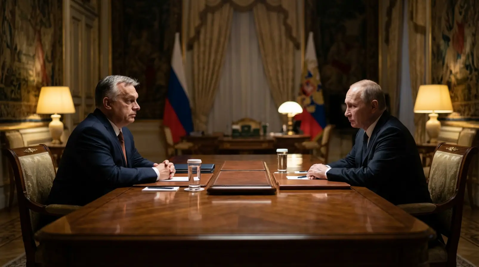 Orbán Viktor magyar miniszterelnök és Vlagyimir Putyin orosz elnök a hosszú asztalnál tárgyal a Kremlben.