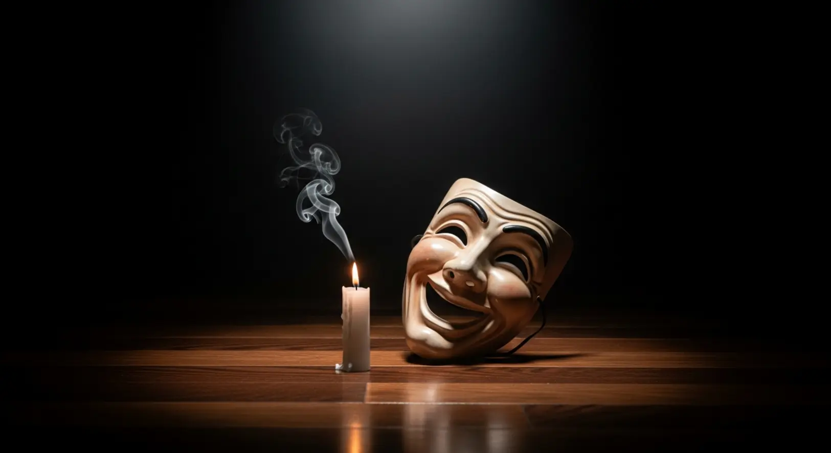 Egy kialudt gyertya és egy színházi komédia maszk egy sötét színpadon, drámai megvilágításban, Pat Finn emlékére.