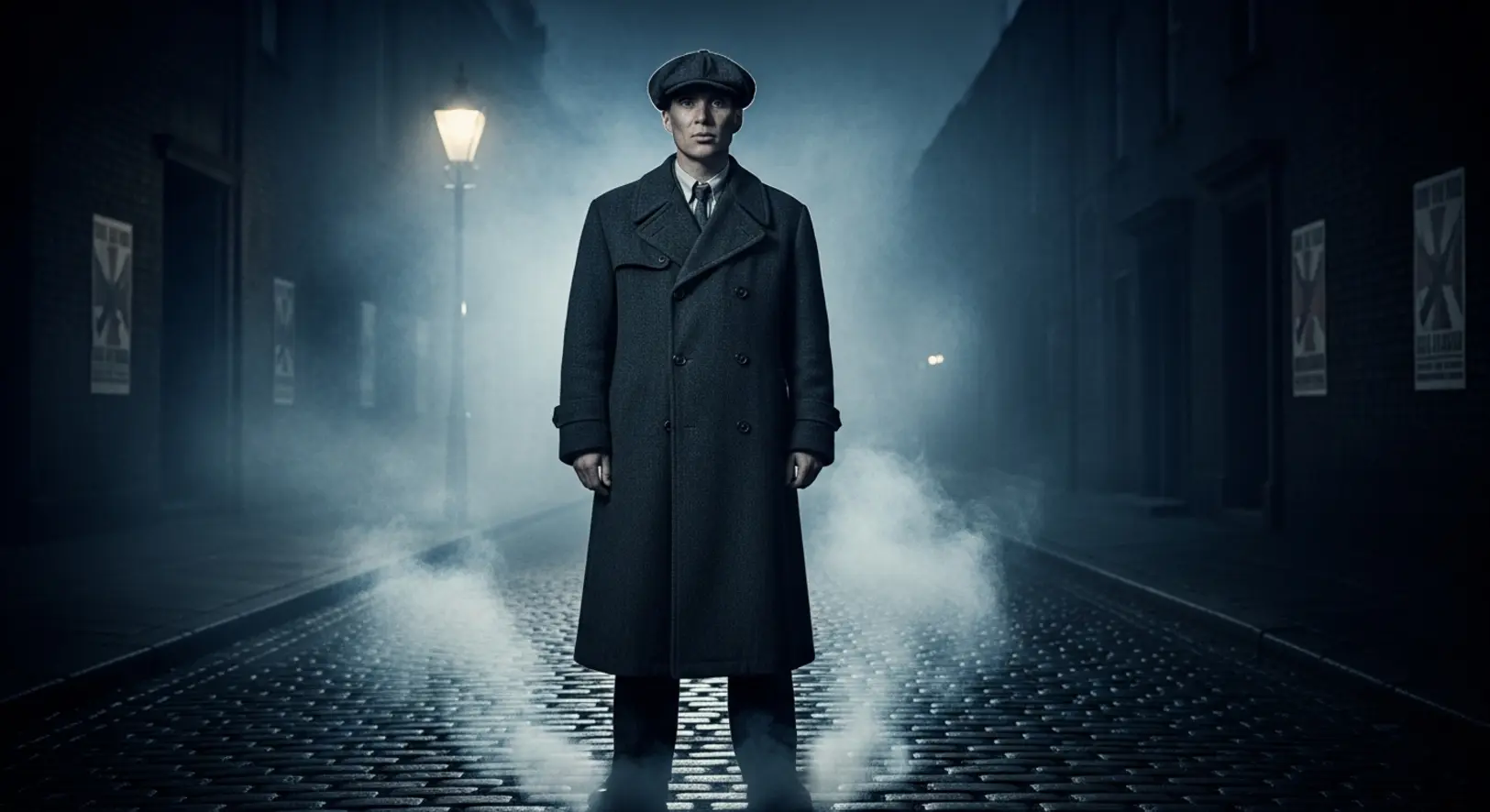 Sötét, ködös birminghami utca 1940-ben, ahol Tommy Shelby hosszú kabátban és sapkában áll egy utcai lámpa fénykörében, háttérben téglafalakkal.
