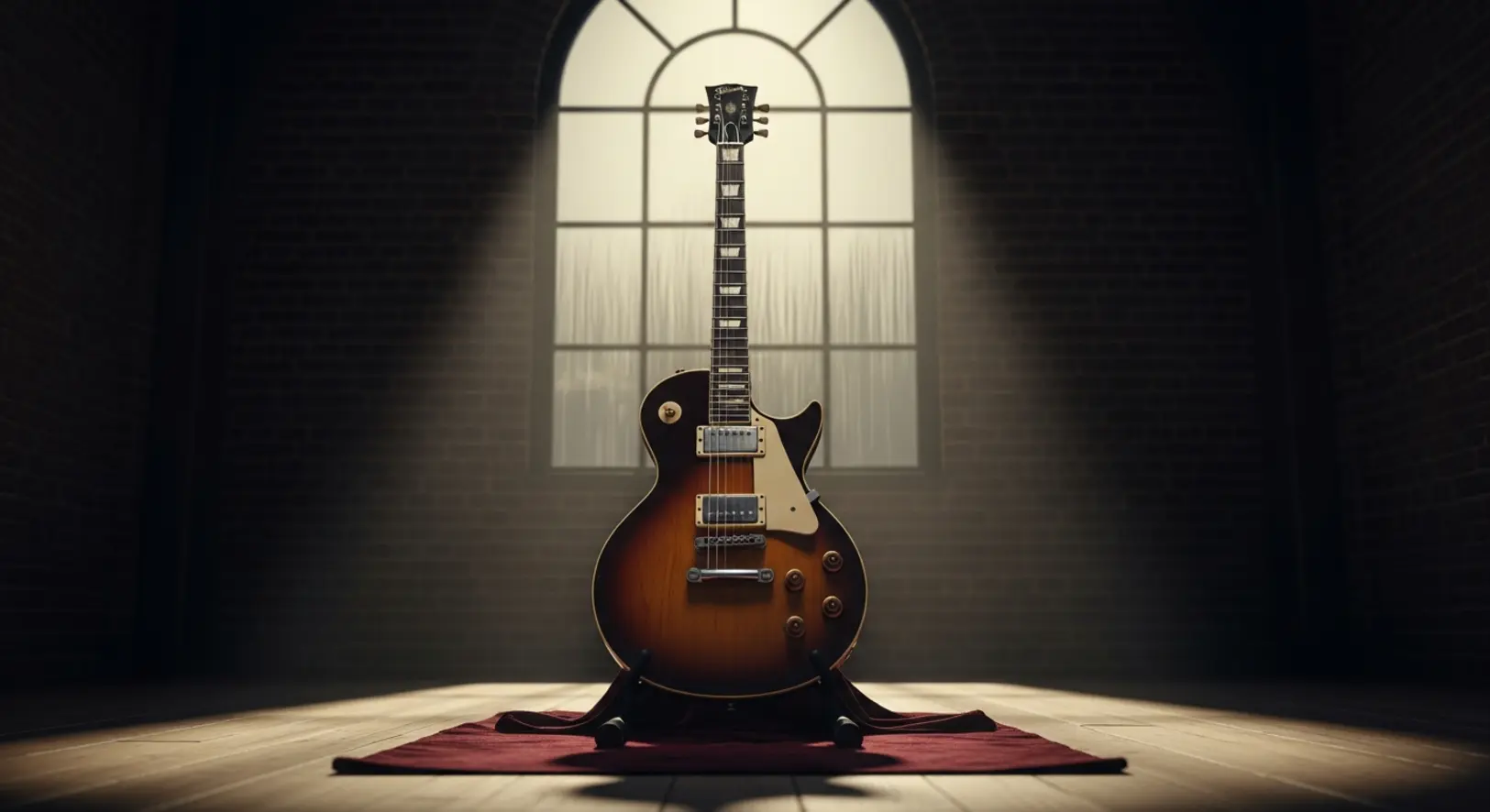 Egy magányos elektromos gitár állványon egy félhomályos szobában, háttérben esős ablaküveggel, melankolikus hangulatban.