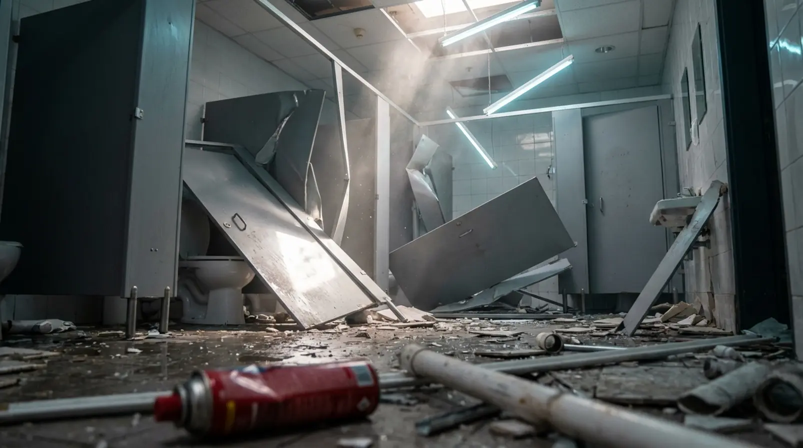 Megrongálódott nyilvános vécé ajtók és törmelék egy gázrobbanás után