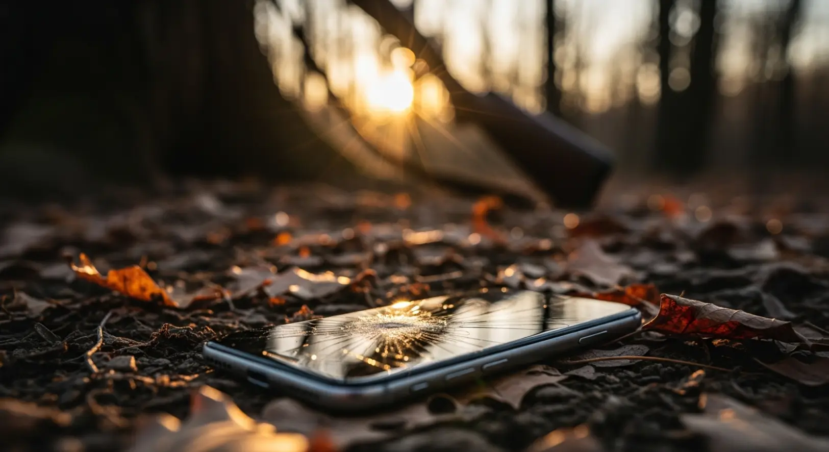 Egy erdőtalajon heverő okostelefon őszi levelek között, a háttérben elmosódva egy fának támasztott vadászpuska látható.