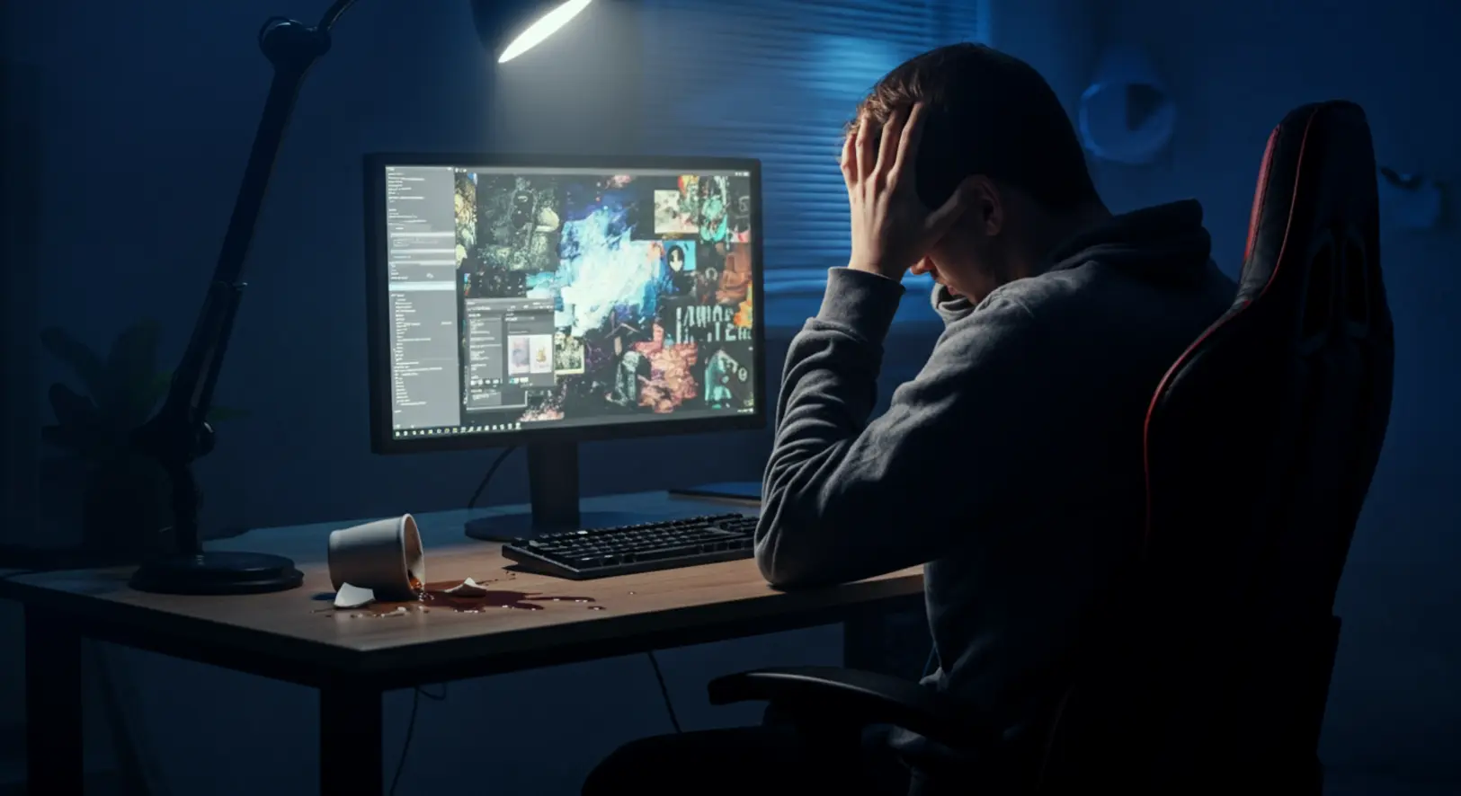 Egy lemondó játékfejlesztő az asztalánál, a Postal: Bullet Paradise AI-botrányát és a stúdió bezárását szimbolizálva.