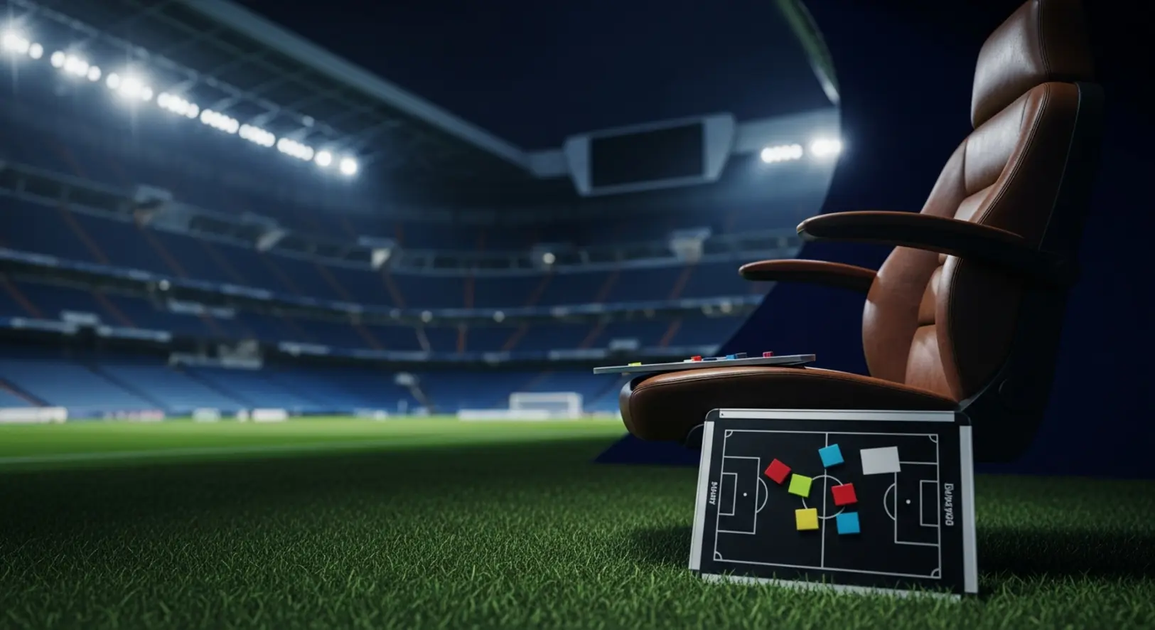 Üres edzői szék a Santiago Bernabéu stadion kispadján, rajta egy ottfelejtett taktikai táblával, háttérben az esti stadion reflektorainak fényeivel.
