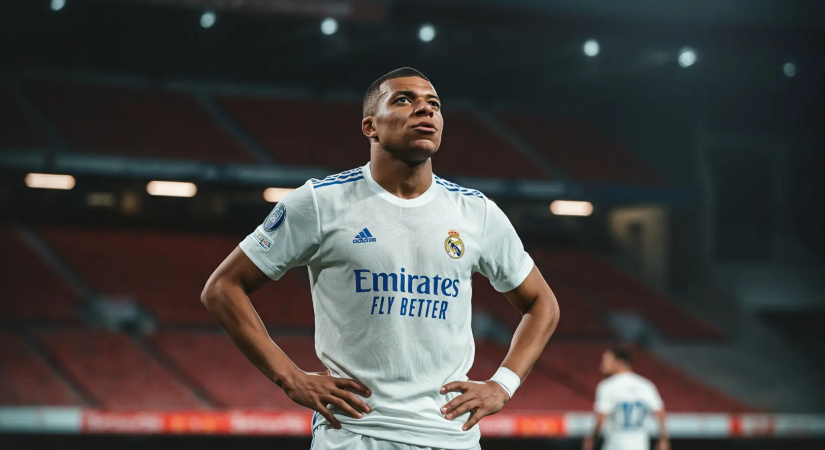 Kylian Mbappé csalódottan áll a pályán a Girona elleni 1-1-es döntetlen után a Montilivi stadionban.