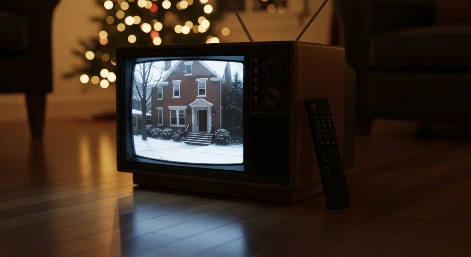 Egy régi 90-es évekbeli televízió a padlón, képernyőjén a Reszkessetek betörők háza, mellette egy modern távirányító, karácsonyi félhomályban.