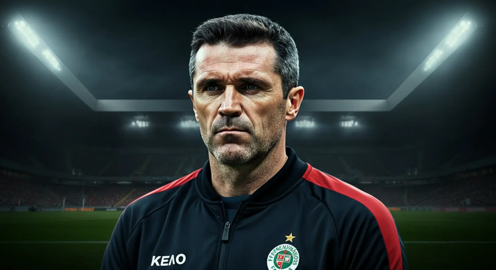 Robbie Keane, a Ferencváros ír vezetőedzője koncentrál egy esti mérkőzésen a pálya mellett.