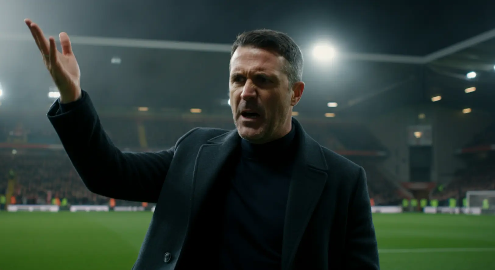 Robbie Keane, a Ferencváros vezetőedzője feszülten magyaráz az oldalvonal mellett egy esti mérkőzésen.