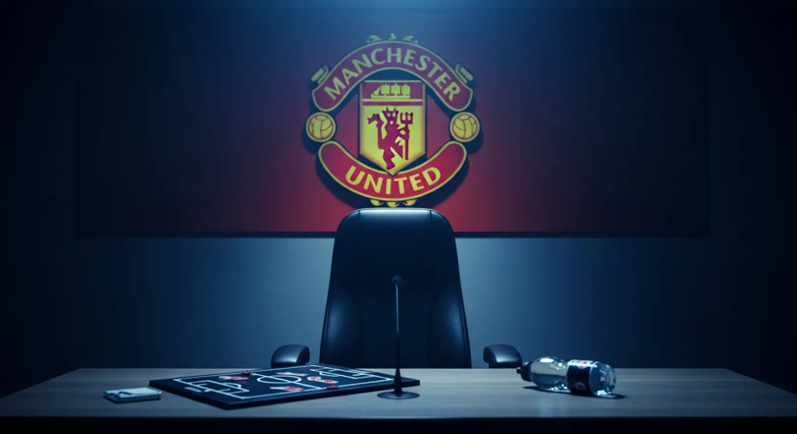 Üres menedzseri szék az Old Trafford sajtószobájában, háttérben a Manchester United címerével, drámai megvilágításban, a hirtelen távozás szimbólumaként.