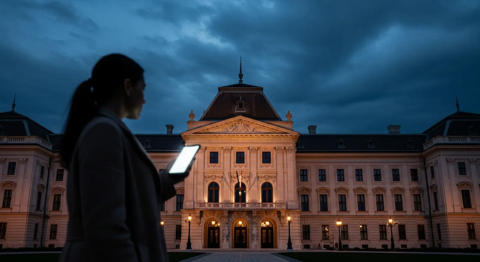A budapesti Sándor-palota kivilágított épülete alkonyatkor, viharos kék égbolt alatt, előtérben egy telefonját néző női sziluett.