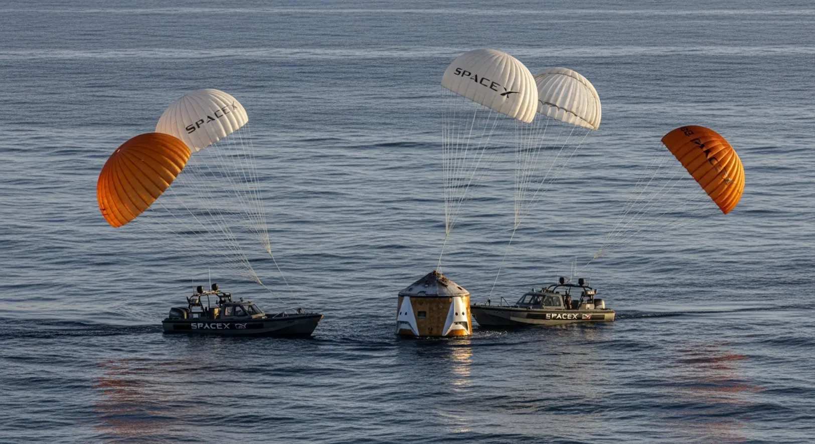 A SpaceX Dragon űrhajó kapszulája a Csendes-óceán vizén lebeg a napfelkeltében, mentőcsónakok közelítik meg a vízi járművet.