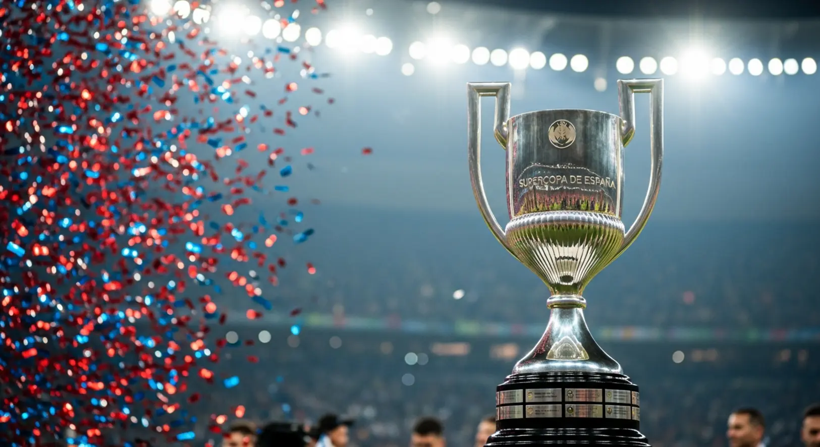 A Spanyol Szuperkupa ezüst serlege a stadion reflektorfényében, körülötte piros és kék konfettieső hullik a sötétkék éjszakai háttér előtt.