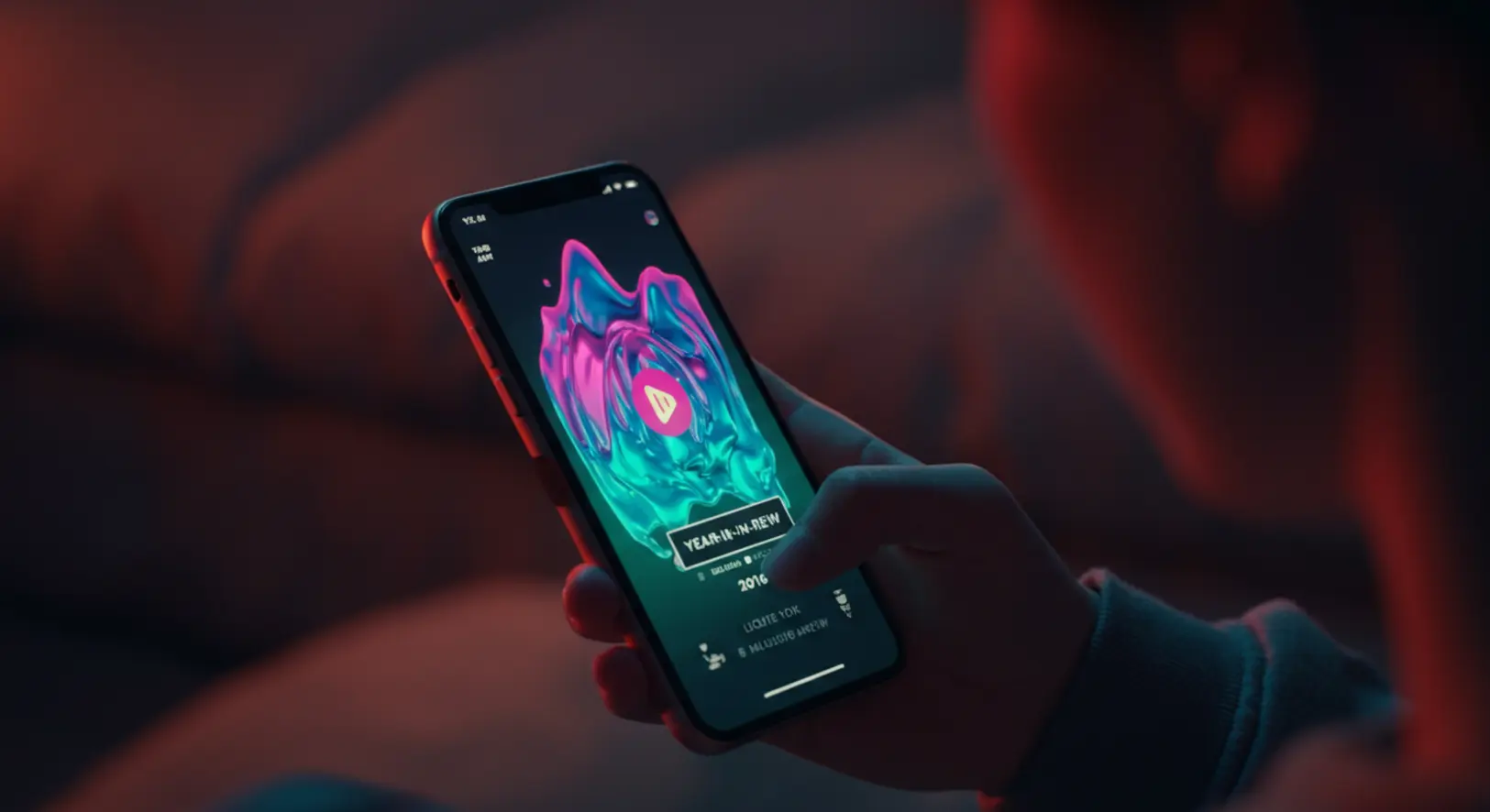 Okostelefon kijelzője, amelyen a színes Spotify Wrapped 2025 évértékelő futurisztikus kezelőfelülete látható.