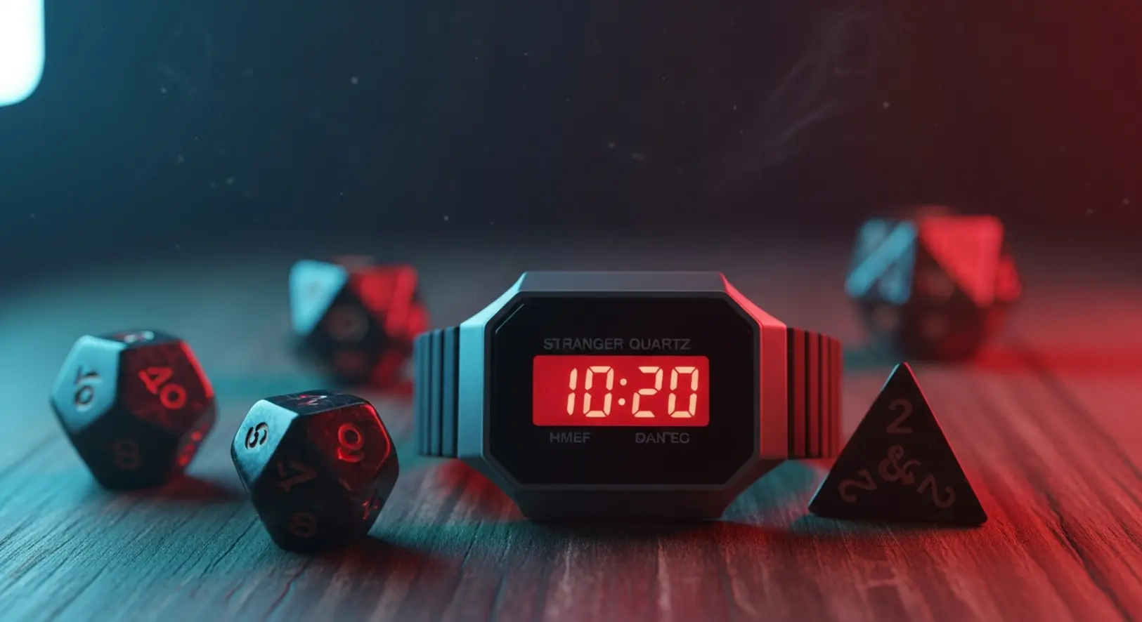 Egy retro kvarcóra 10:20-at mutat egy sötét asztalon, mellette Dungeons and Dragons dobókockák hevernek, vörös és kék neonfényben.