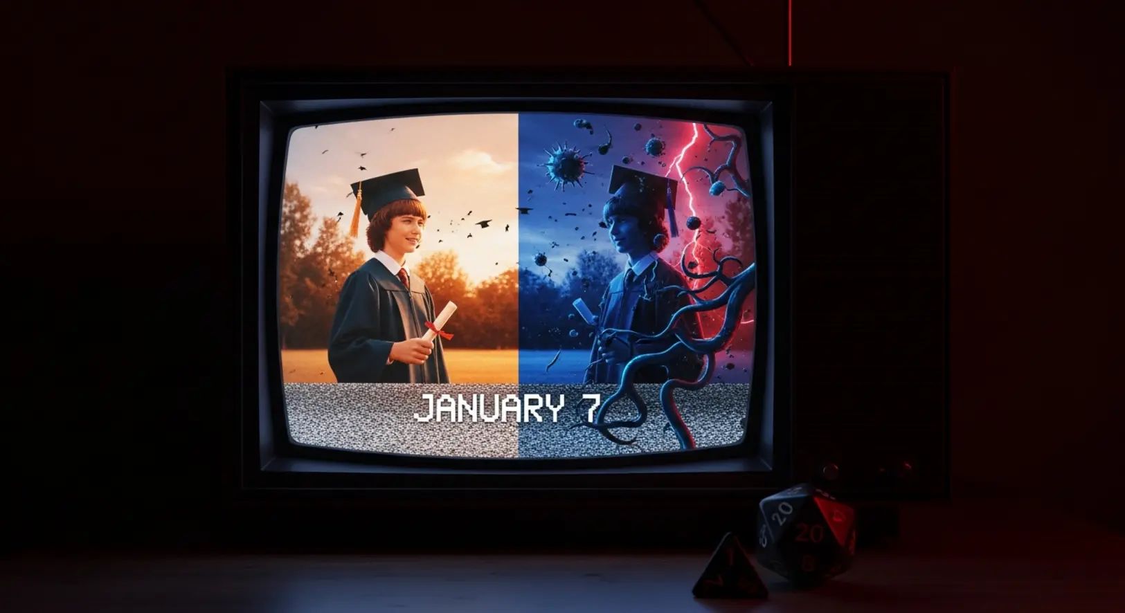 Egy 80-as évekbeli tévékészülék sötét szobában, a képernyőn bal oldalon boldog ballagás, jobb oldalon sötét Upside Down világ glitch-effekttel, előtérben egy D&D dobókocka.