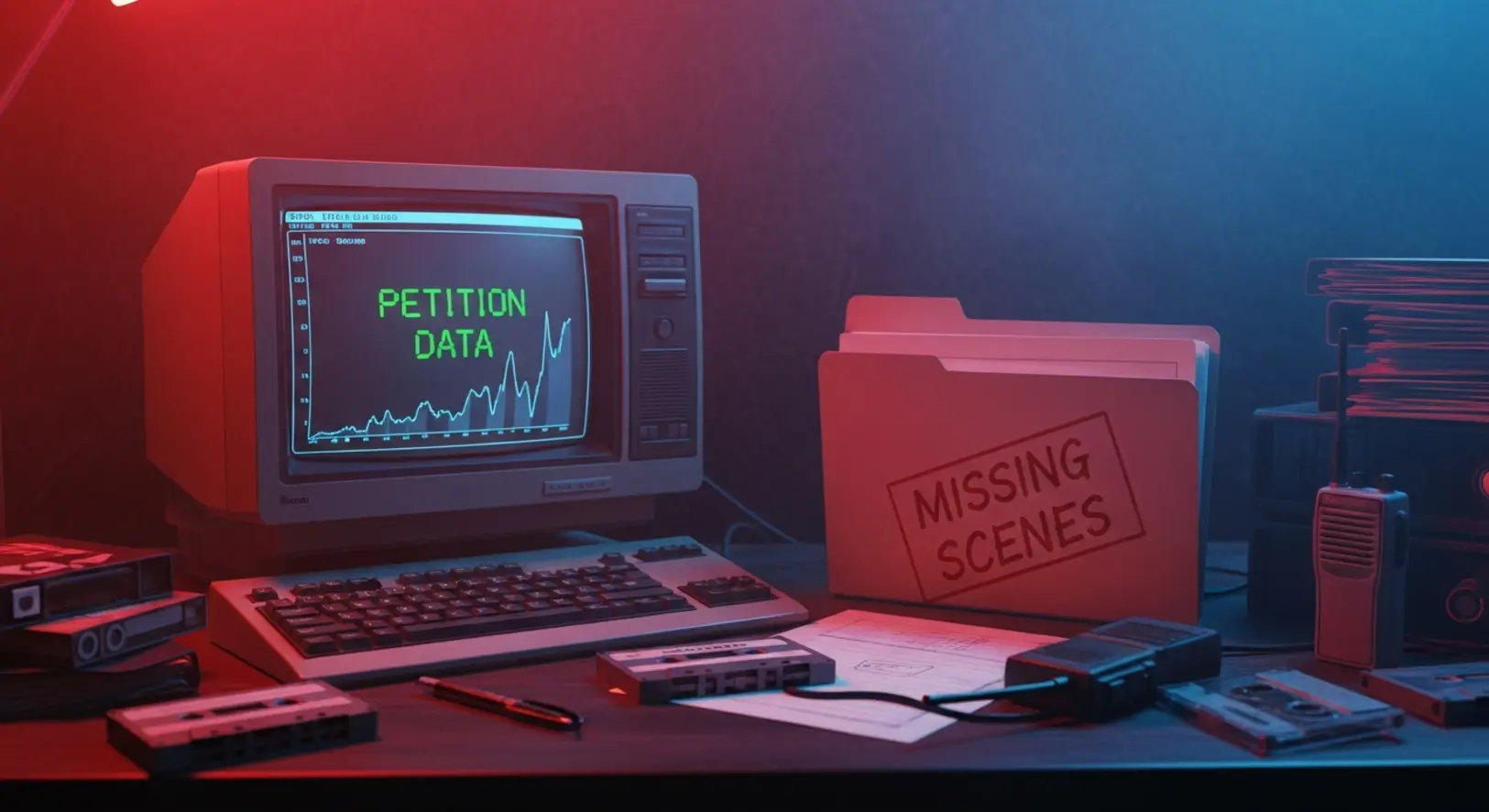 Sötét szoba 80-as évekbeli íróasztallal, neonfényekkel megvilágítva, a monitoron petíciós adatok, az asztalon 'MISSING SCENES' feliratú akta és kazetták.