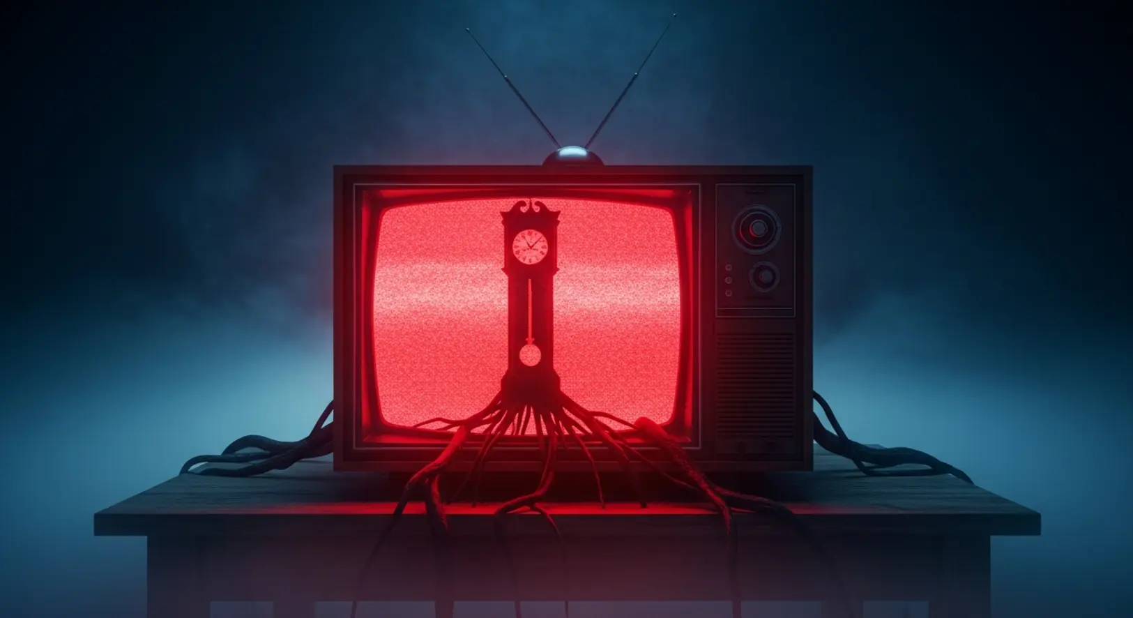 Egy régi televízió vörös neonfénnyel világít egy sötét szobában, a képernyőn az Upside Down indái és egy állóóra sziluettje látható, 80-as évek hangulat.