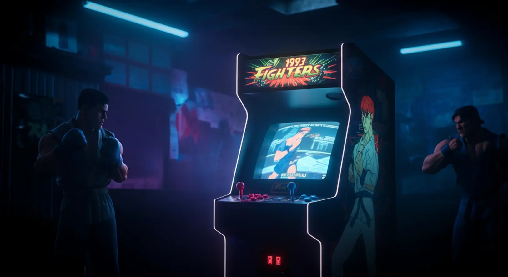 Neonfényes, 90-es évekbeli arcade hangulatkép bunyós játékautomatával, a Street Fighter (2026) filmhír illusztrációjaként.
